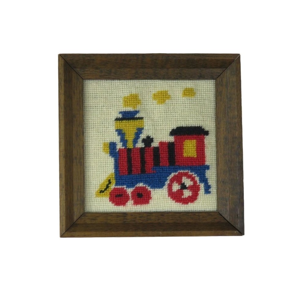 Train Engine Needlepoint Finished Framed Embroidery Triptych Effect Vintage - Picture 3 of 9